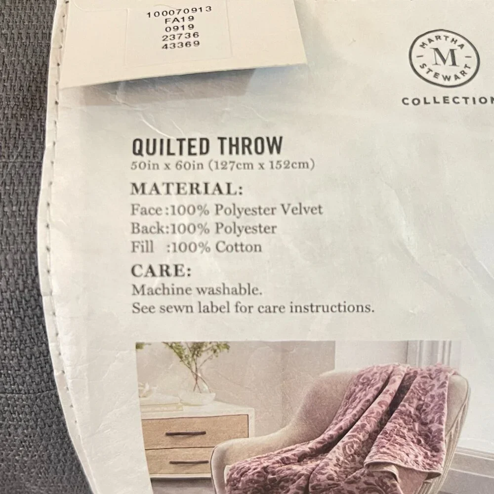 New Martha Stewart Quilted Throw Blanket Pink Burgundy Damask Velvet Macy's